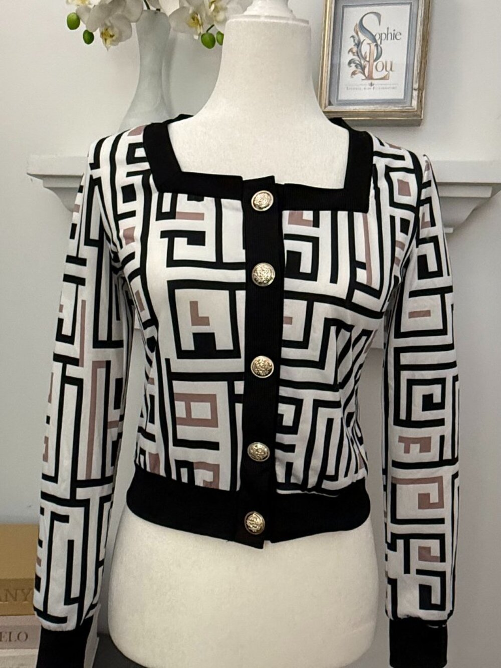 SHEIN Geometric Print Gold Button Square Neck Top S